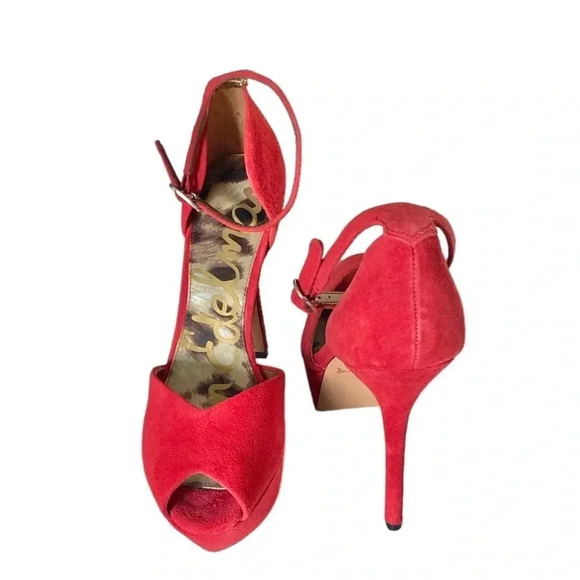 SAM EDELMAN | Marina Round Peep Toe Ankle Strap Red Platform Stilettos Size 9M - Picture 5 of 10